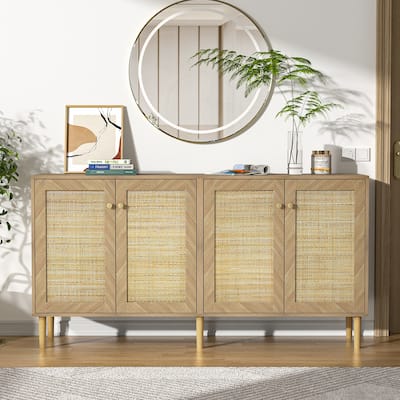 Anmytek Modern 63" W 4-Door Large Sideboard Buffet Rattan Kitchen Storage Cabinet with Adjustable Shelves