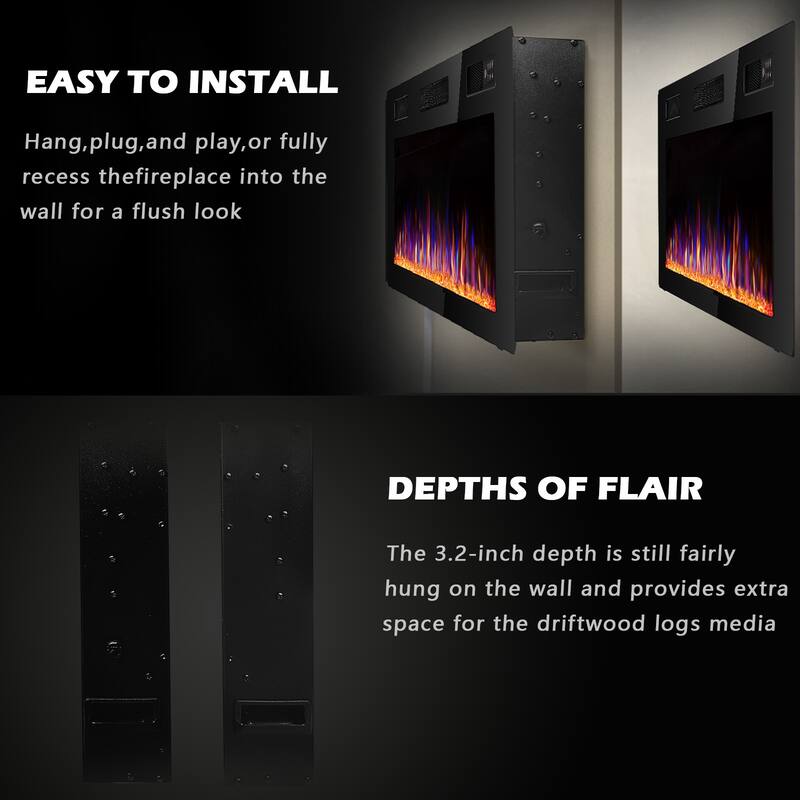 Bossin 30 to 72 inch Electric Fireplace Ultra-Thin and Silence Linear Recessed Wall Mounted Fireplace with Remote Control