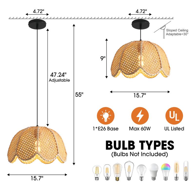 1-Light Farmhouse Flower Shaped Brown Hand-Woven Natural Rattan Hanging Pendant Light - 15.7" W x 55" H