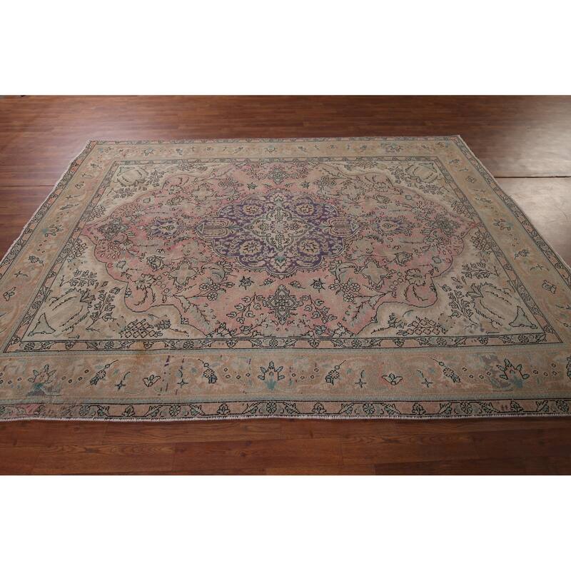 Pink Tabriz Vintage Persian Area Rug Handmade Wool Carpet - 6'9" x 9'3"