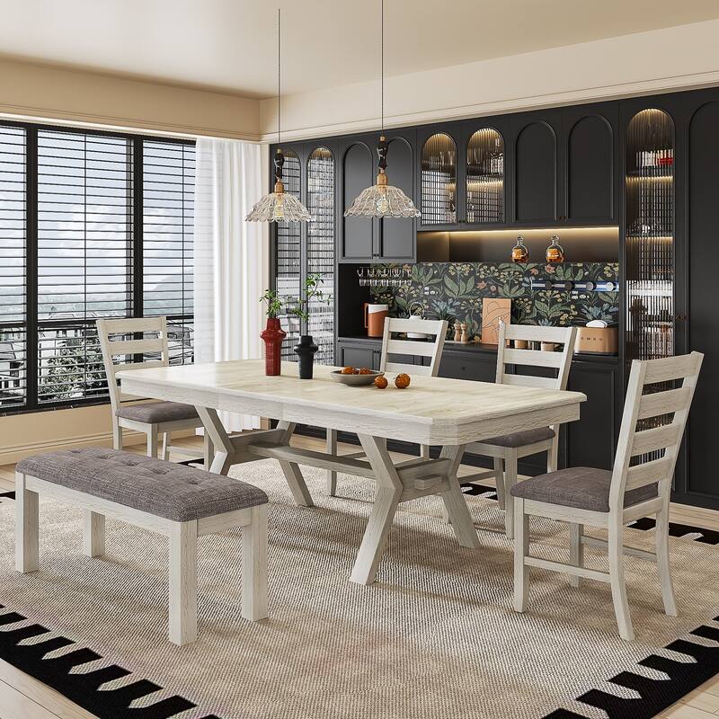 VECELO Dining Table Set with Bench, Solid Wood Rectangular Extendable Dining Table and Chairs Set for 6-8 - 6-Piece Sets
