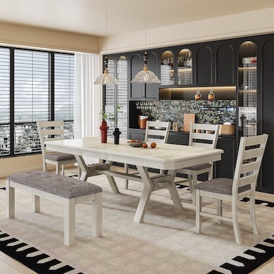 VECELO Dining Table Set with Bench, Solid Wood Rectangular Extendable Dining Table and Chairs Set for 6-8