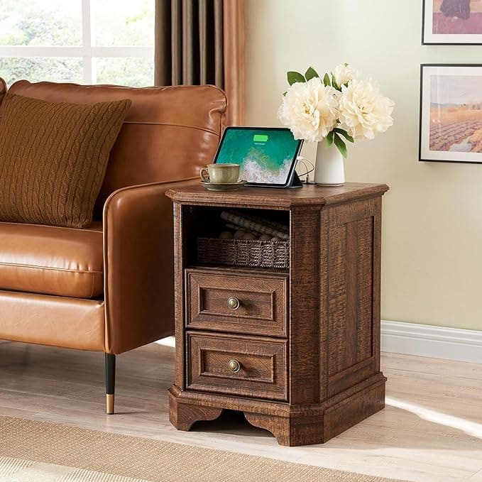 18" Farmhouse Nightstand with Charging Station, End Table,Side Table