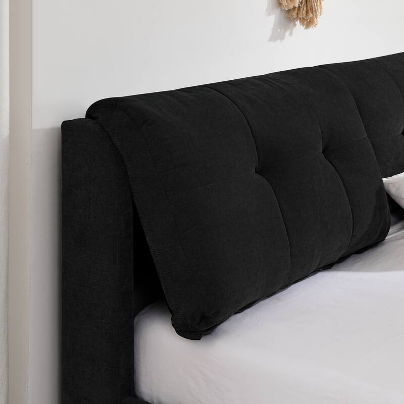 Hydraulic Storage Bed Frame Chenille Upholstered Platform Bed Queen Size Low Profile Bed with Integrated Headboard