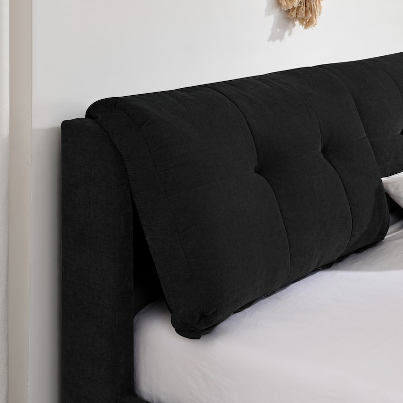 King Size Chenille Upholstered Low Platform Bed with Hydraulic Storage