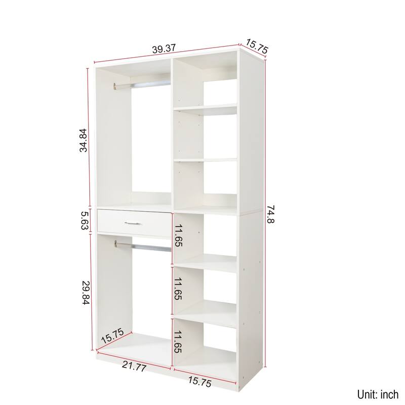74.8''H Stand-Alone Closet Storage System with Drawer and 6 Shelves, 2 Hanging Rods