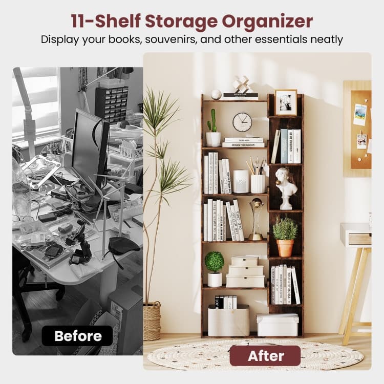 Engineered Wood 11-Shelf Bookcase with Anti-Tip Kits and Floor Pads - 27" L x 9" W x 64" H