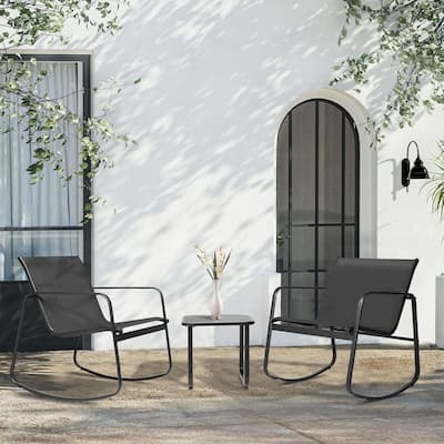 3-Piece Outdoor Patio Rocking Chair Bistro Set with Glass Top Coffee Table