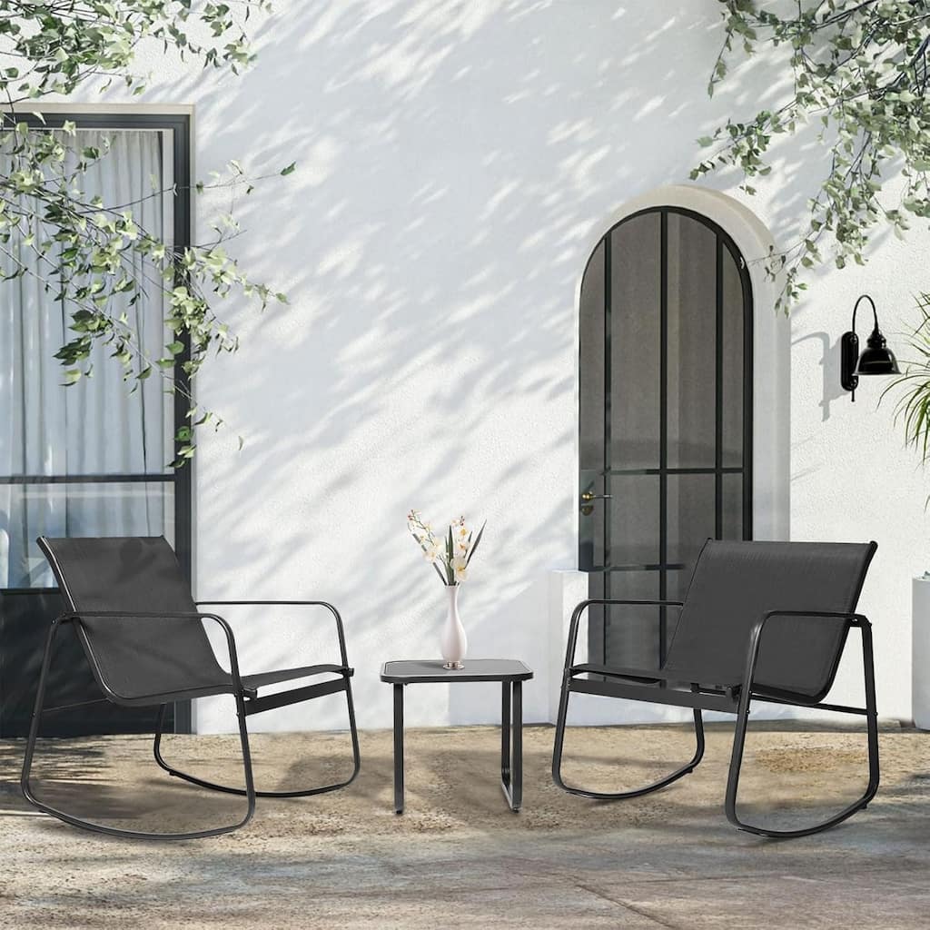 3-Piece Outdoor Patio Rocking Chair Bistro Set with Glass Top Coffee Table