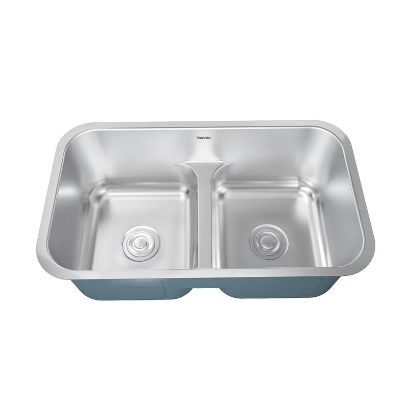 Karran Profile 32” Undermount 18 Gauge Low Divider Double Bowl Stainless Steel Kitchen Sink with Accessories