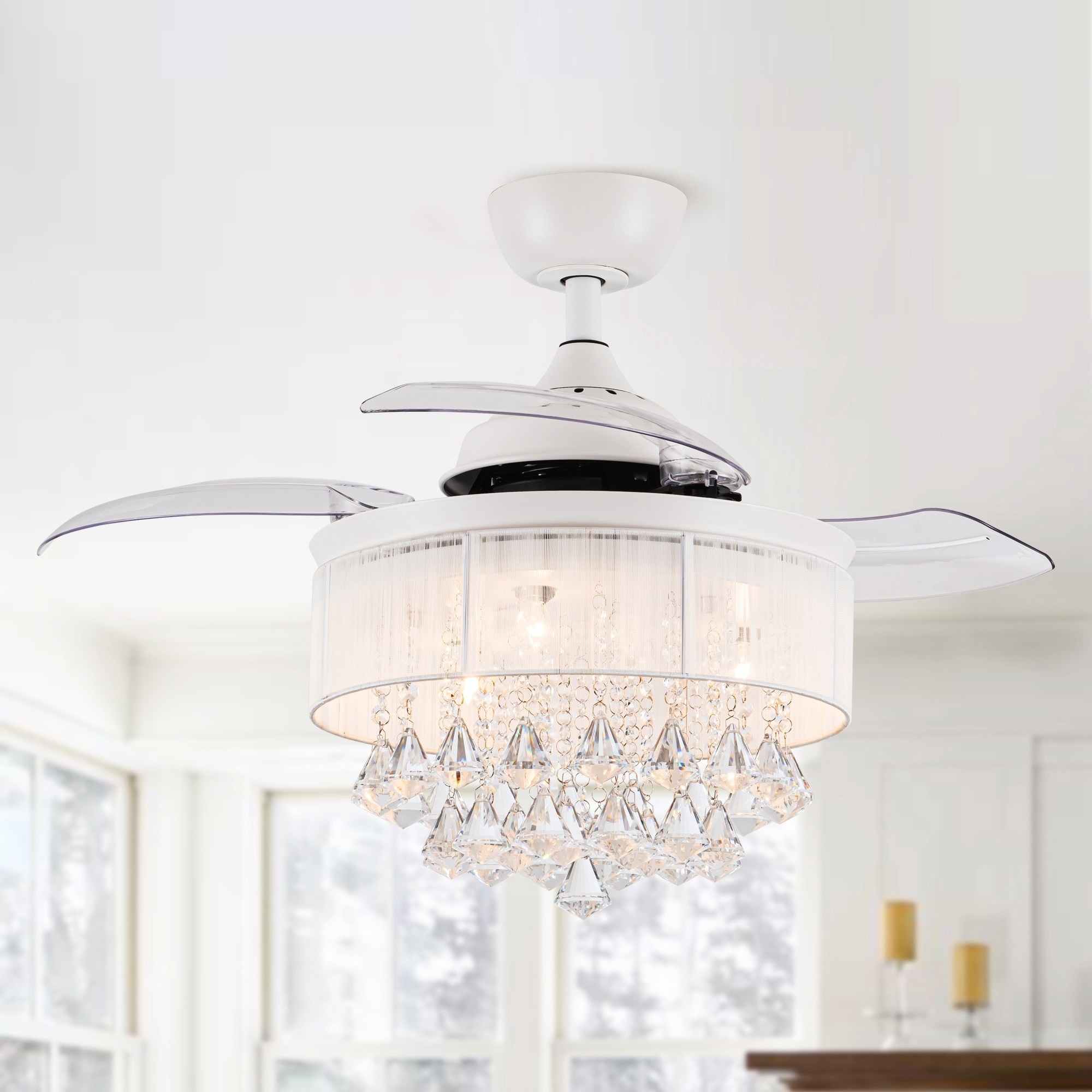 36" White Retractable 3-blade Crystal Ceiling Fan Chandelier with Remote