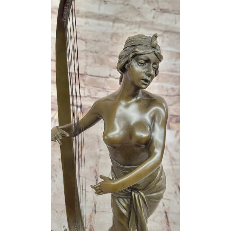 Coudray “Egyptian Harp Player” – Ornate Bronze Sculpture On Marble Base