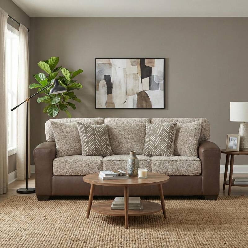 Roundhill Furniture Marvella 2-Piece Living Room Sofa and Loveseat Set, Chocolate Faux Leather and Curly Shearling Upholstery