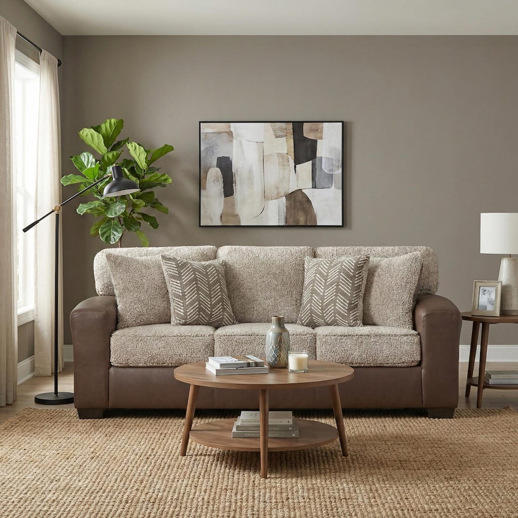 Roundhill Furniture Marvella Living Room Sofa with Chocolate Faux Leather Upholstery and Curly Shearling Cushions