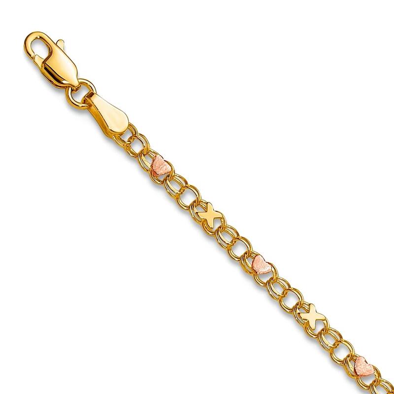 Curata 10k Yellow and Rose Gold 2.6mm X and Heart Link Bracelet - 7" or 8"