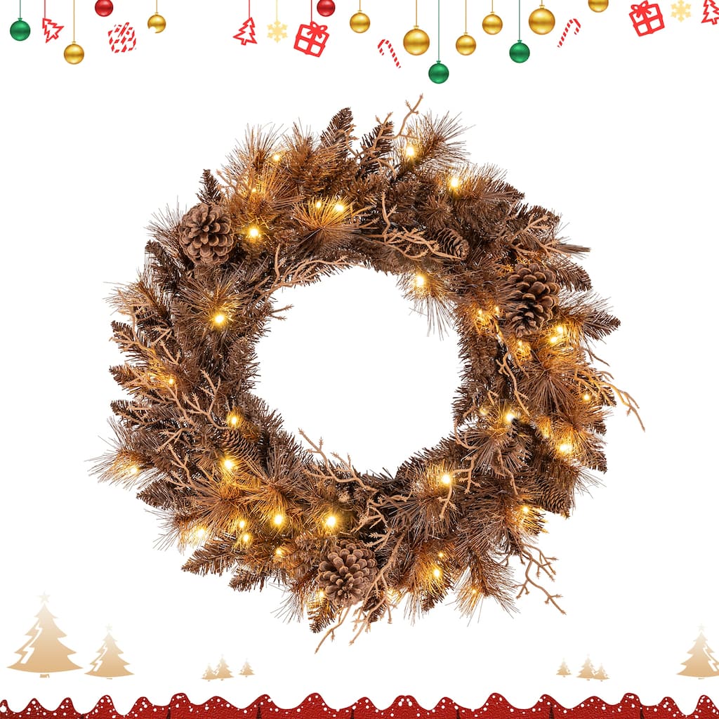 Gymax 24'' Pre-lit Christmas Wreath Front Door Artificial Xmas Wreath