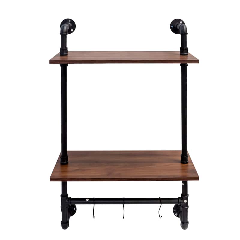 Roomfitters Industrial Pipe Shelf, 3-Tier and 2-Tier Wall Mounted Wooden Display Shelves with Hooks, Walnut