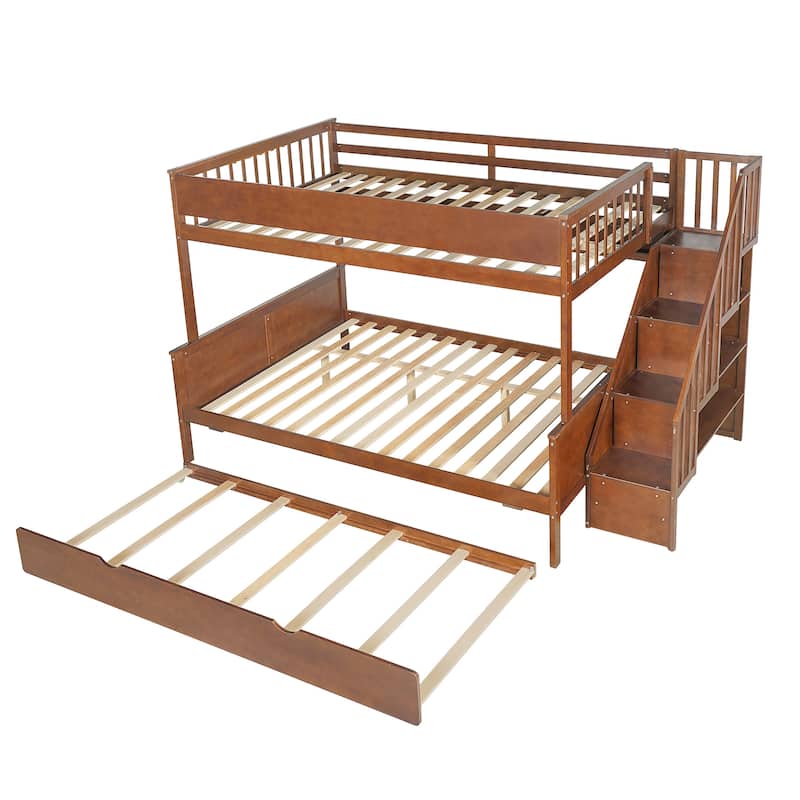 Full XL Over Queen Bunk Bed with Staircase Storage, Underbed Trundle, Open Shelf & LED Light by Harper&Bright Designs