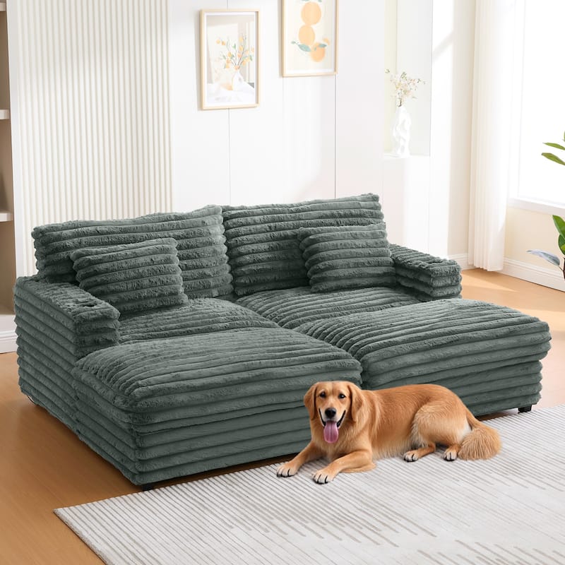 83.5" Oversized Double Chaise Sofa Bed - Plush Cloud Couch w/ USB Ports, Cup Holders & 2 Pillows, Upholstered Sleeper