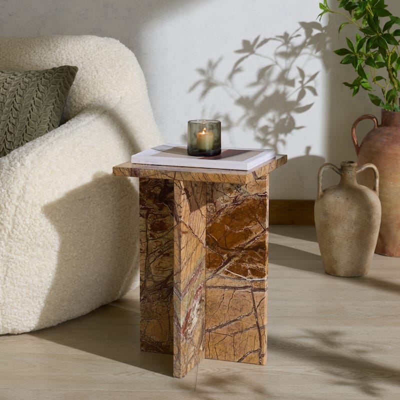 SAFAVIEH Couture Adriano 12-inch Marble Accent Table - 12"W x 12"D x 18"H - Brown/Beige