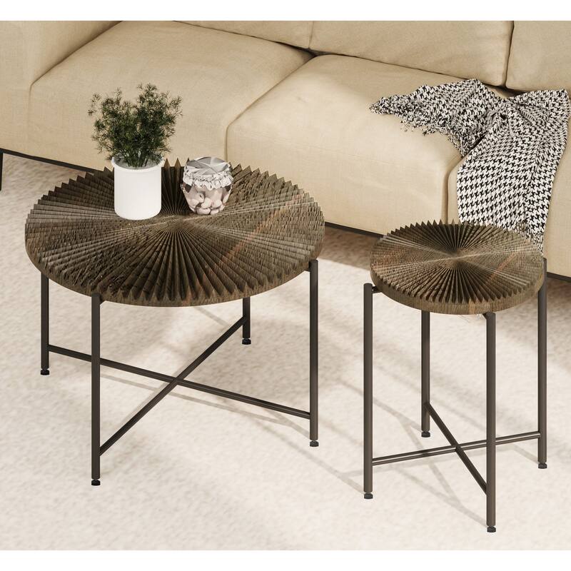 2-Piece Coffee and End Table Set - Waterproof MDF with PVC Cover, Distressed Cylindrical Design