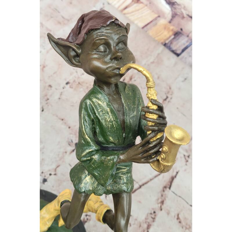 Whimsical Bronze Elf Leprechaun Playing Golden Saxophone Fantasy Sculpture By Juno