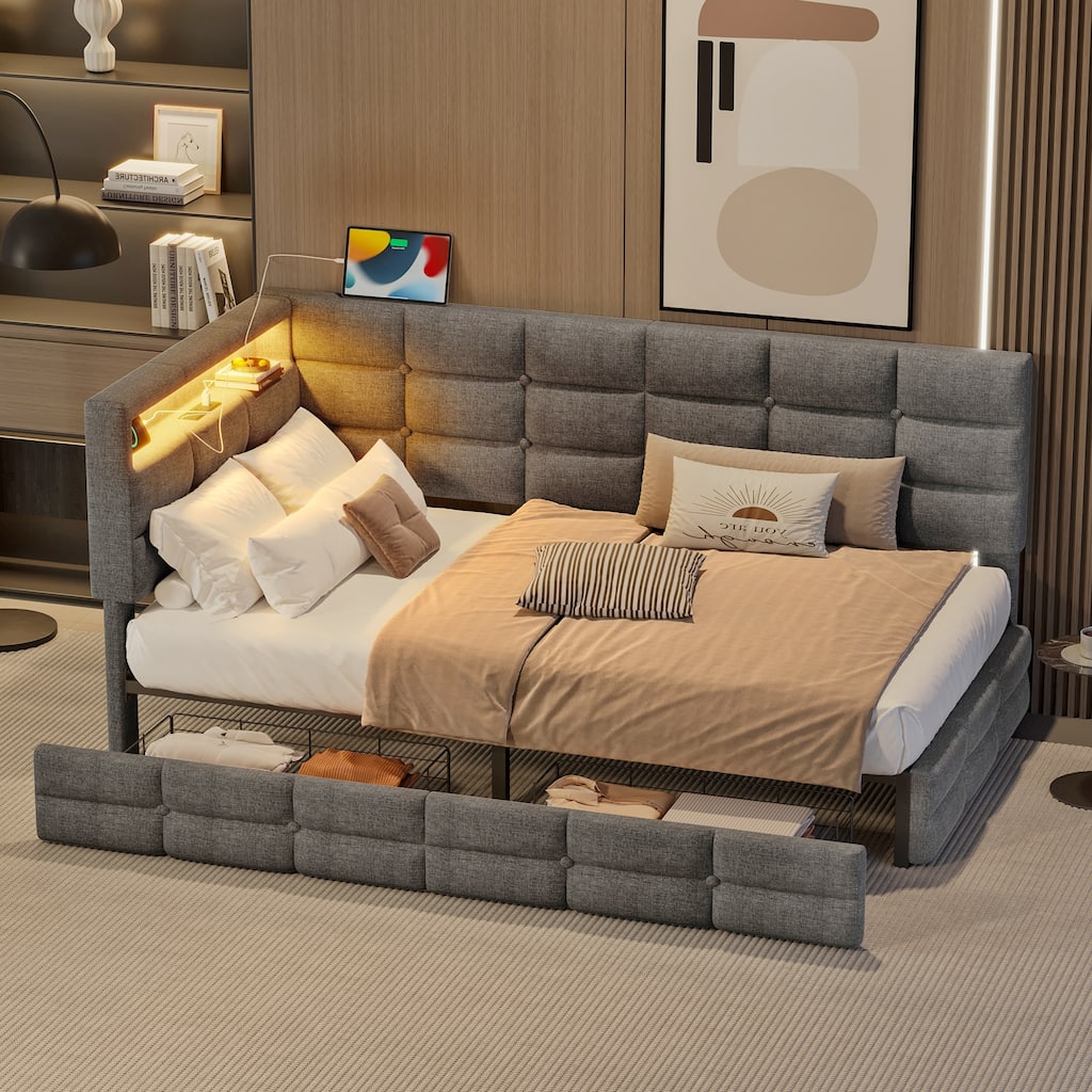 Twin Size Upholstered Daybed with Storage Drawers, Charging Station, and LED Lights, Gray