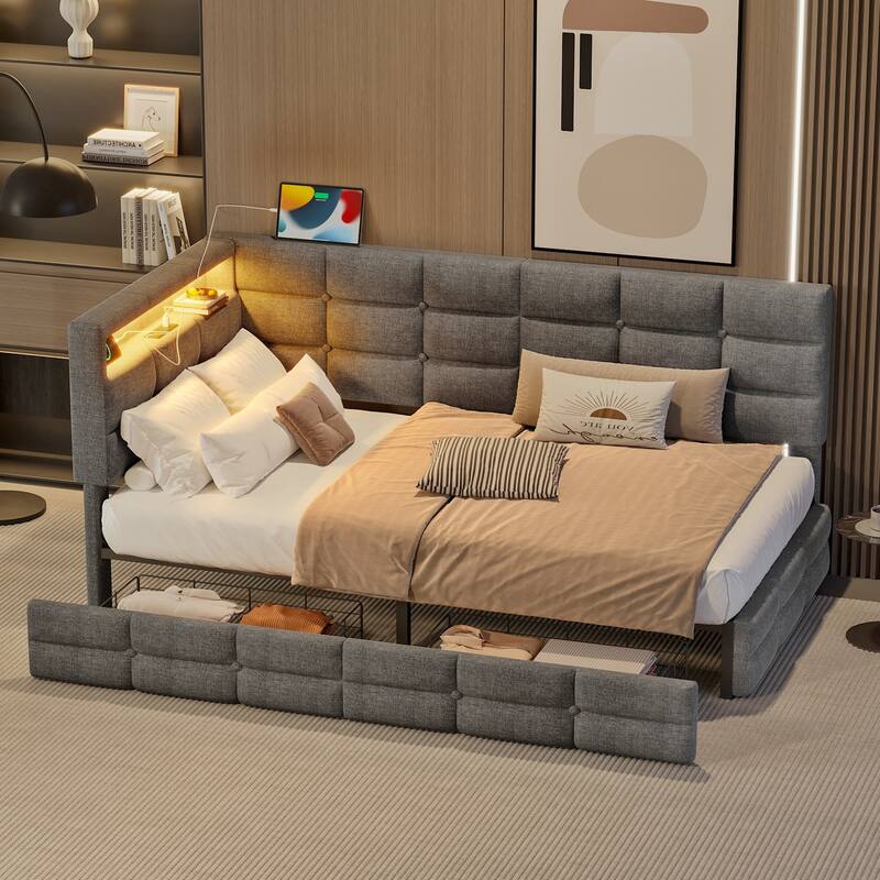 Upholstered Twin Size Daybed with 2 Drawers, Charging Station & LED Lights