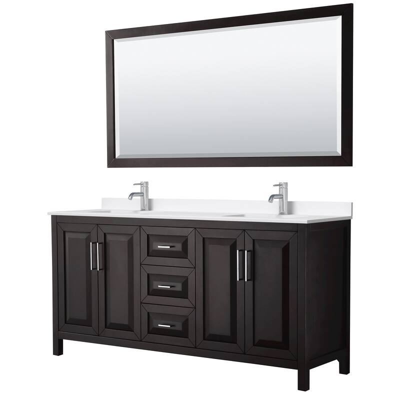 Daria 72-inch Double Vanity, Single Hole Quartz Top, 70-inch Mirror - Dark Espresso, Chrome Trim, White Quartz Top