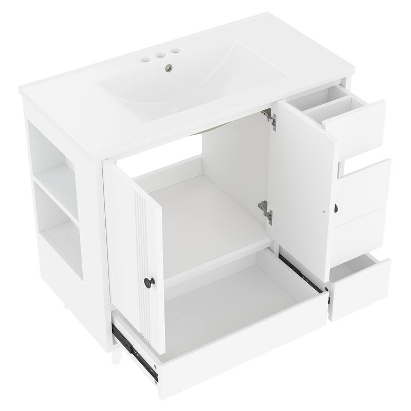 36" Freestanding Bathroom Vanity with Sink - Wood Cabinet with 4 Drawers & Side Storage Rack, Ceramic Basin