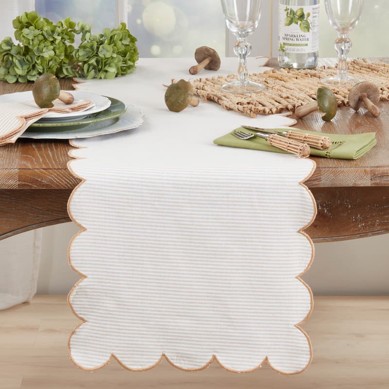 Cotton Striped Scalloped Table Runner - Everyday Woven Table Runner for Dining & Console Tables, 16"x72"