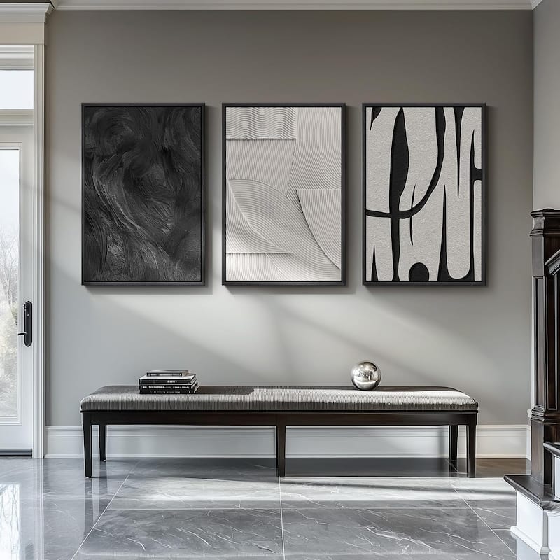 Large 3D Textured Framed Black and White Abstract Wall Art