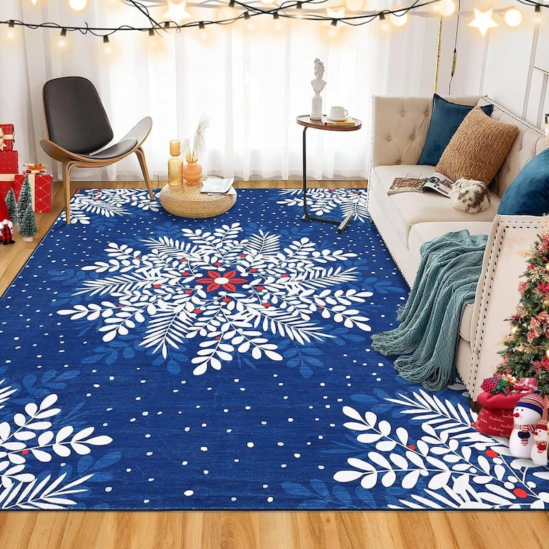 Christmas Snowflake Washable Area Rug, Floor Carpet for Holiday Decor, Blue - 9*12ft