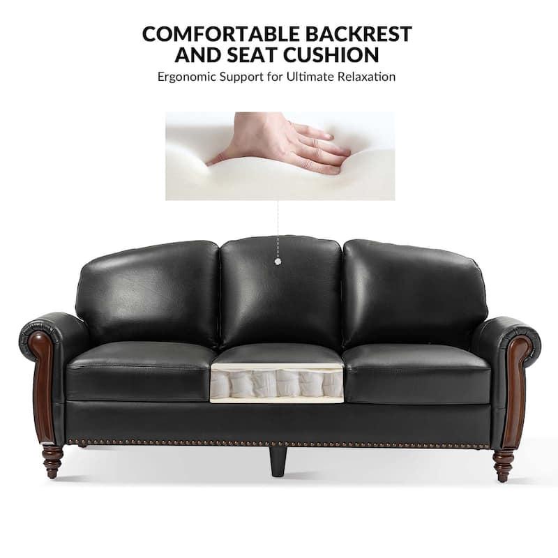 Eduard 84" Traditional Genuine Leather Sofa with Carved Wood Legs by HULALA HOME