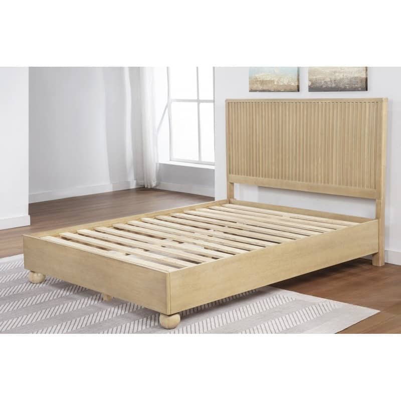 California King Size Wooden Platform Bed with Fluted Panels Headboard - Modern Minimalist Design, Light Oak Finish