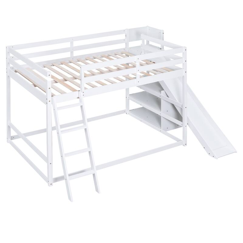 Full over Full Bunk Bed with Ladder, Slide, and Shelves in White
