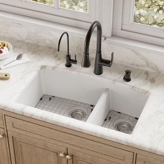 Karran Undermount Quartz 32 in. 60/40 Double Bowl Kitchen Sink Kit