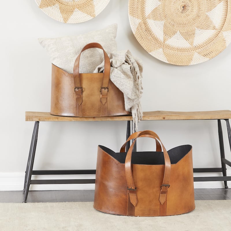Leather Handmade Box Style Single Slot Magazine Holder with Curved Handles - Set of 2 Brown - Roche River Decor