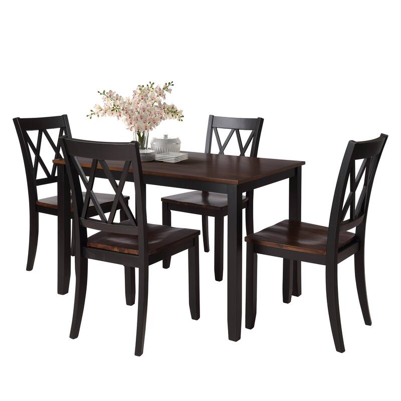 Roomfitters 5-Piece Dining Table Set, Rectangular Wood Kitchen Table and 4 X-back Chairs, Transitional Style