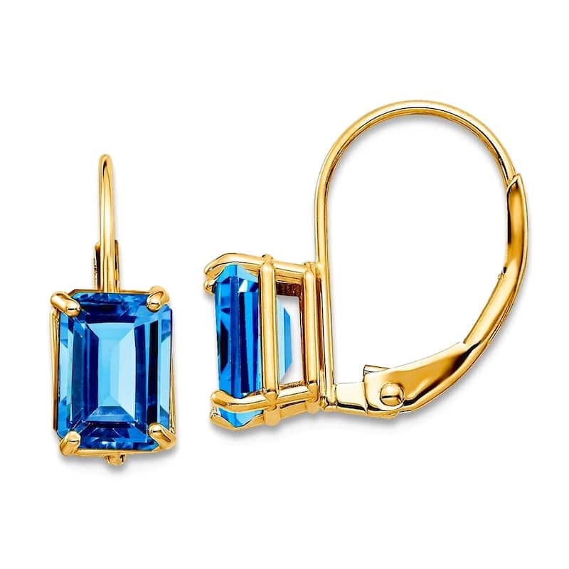 Curata 14k Yellow Gold 7x5mm Emerald-Cut Genuine Gemstone Leverback Earrings - 5x16mm - Blue Topaz