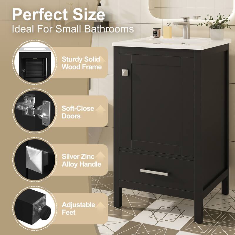 20" Small Bathroom Vanity with Ceramic Sink, Freestanding Storage Cabinet with Soft Close Drawer and Door Organizer