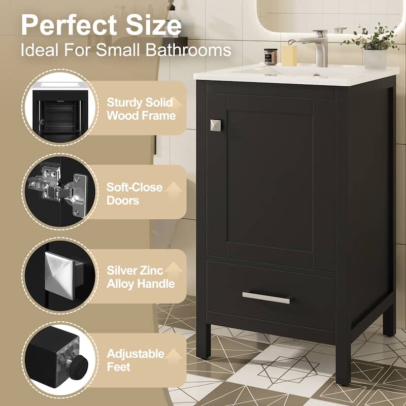 20-Inch Modern Bathroom Vanity with Ceramic Sink, Soft-Close Drawer & Door, Double-Layer Door Organizer, Divider Drawer