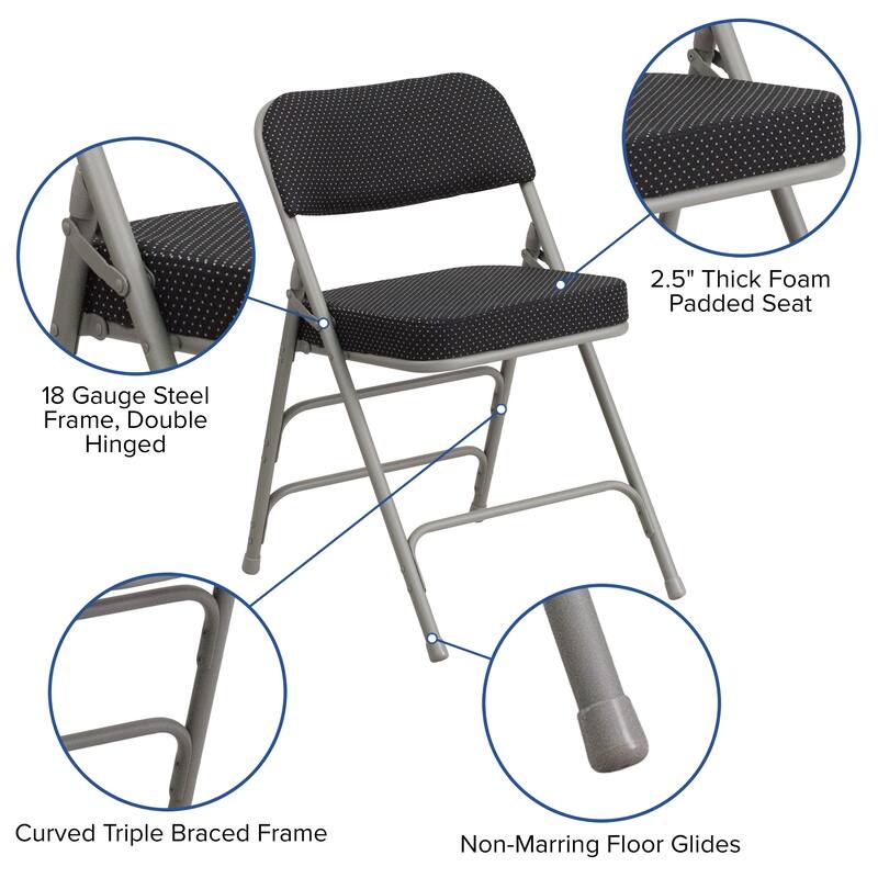 2 Pack Curved Triple Braced & Hinged Fabric Upholstered Metal Folding Chair