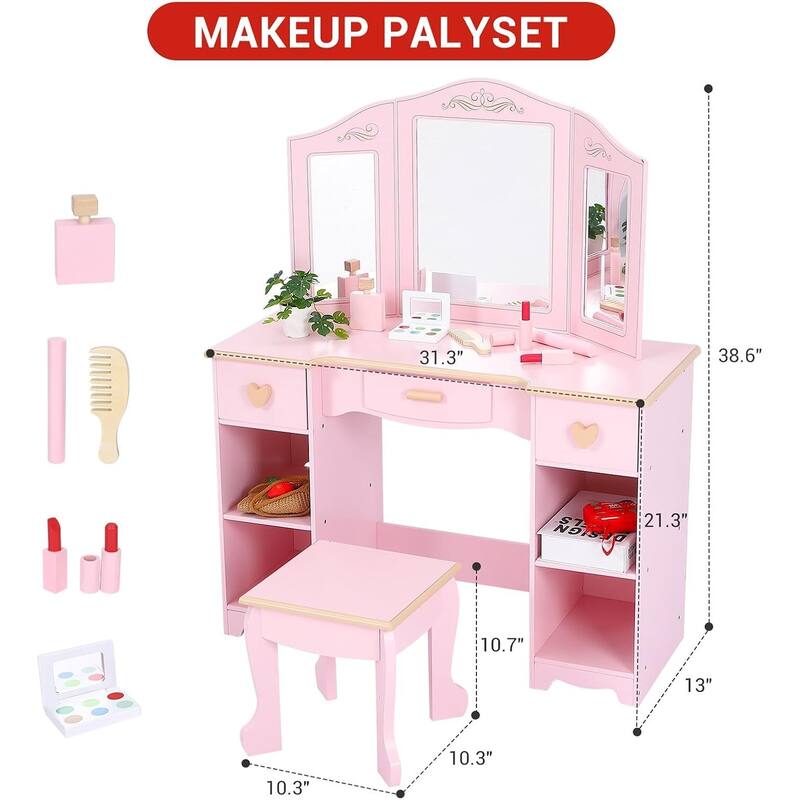 Kids Princess Luxury Vanity Dressing Table and Stool Set for Girls Best Gift, Pink