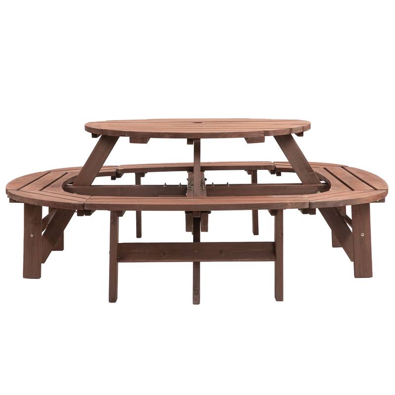 Wooden Outdoor Round Picnic Table w/ Built-in Bench Seats