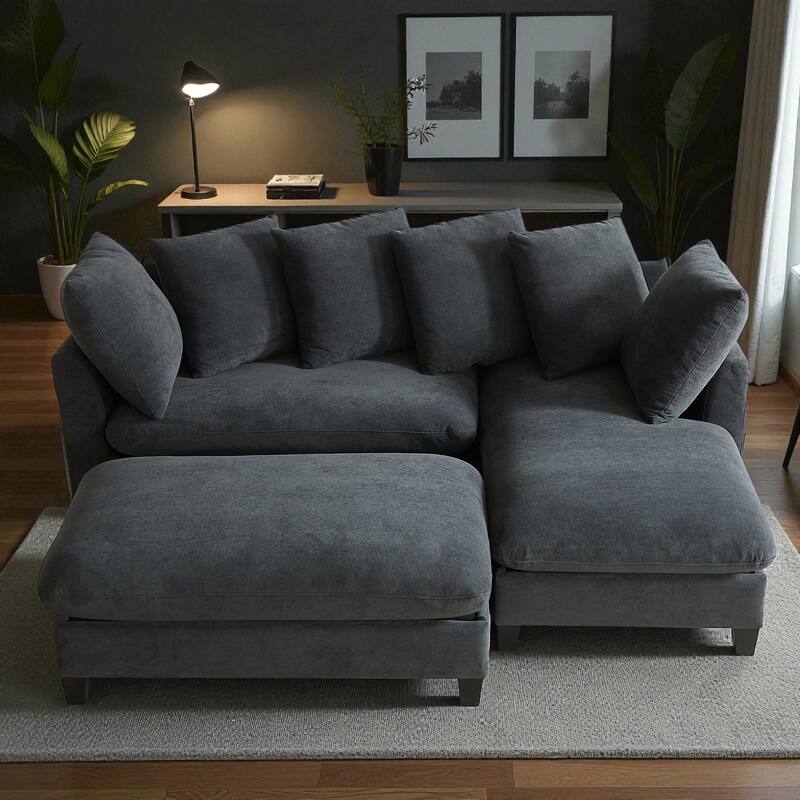 83" L-Shaped Sectional Sofa with Storage Seats Movable Ottoman Curved Armrests Chenille Couch with 6 Pillows
