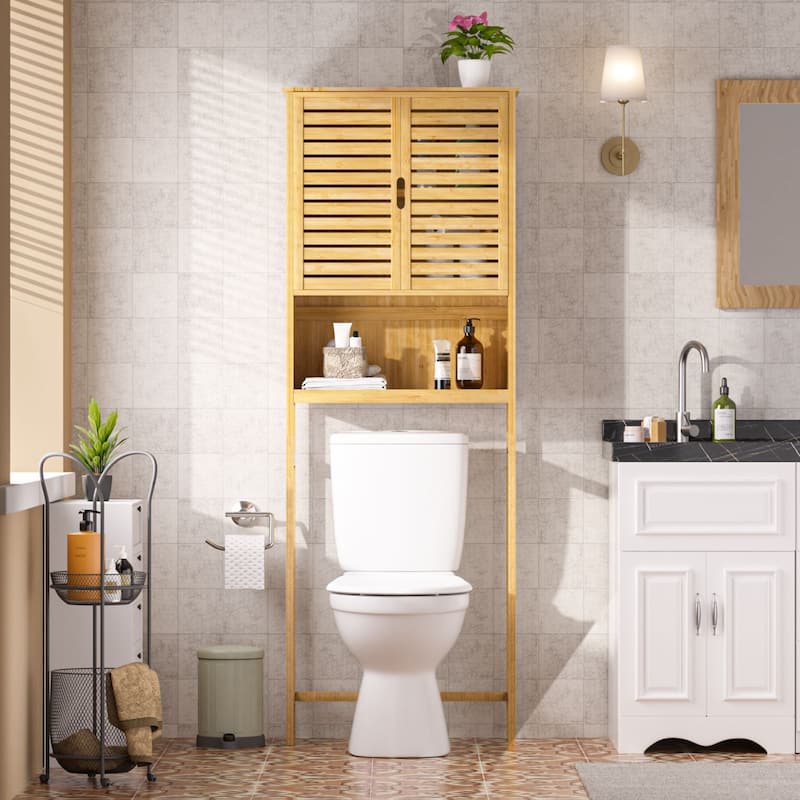 VEIKOUS Bamboo Over The Toilet Storage Cabinet Cupboard Bathroom Organizer with Adjustable Shelf and Double Doors - Brown