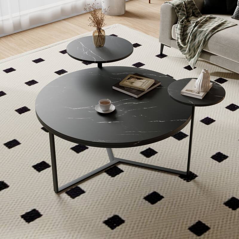 31.5" Modern Coffee Table with Two Display Shelves and Faux Marble Surfaces