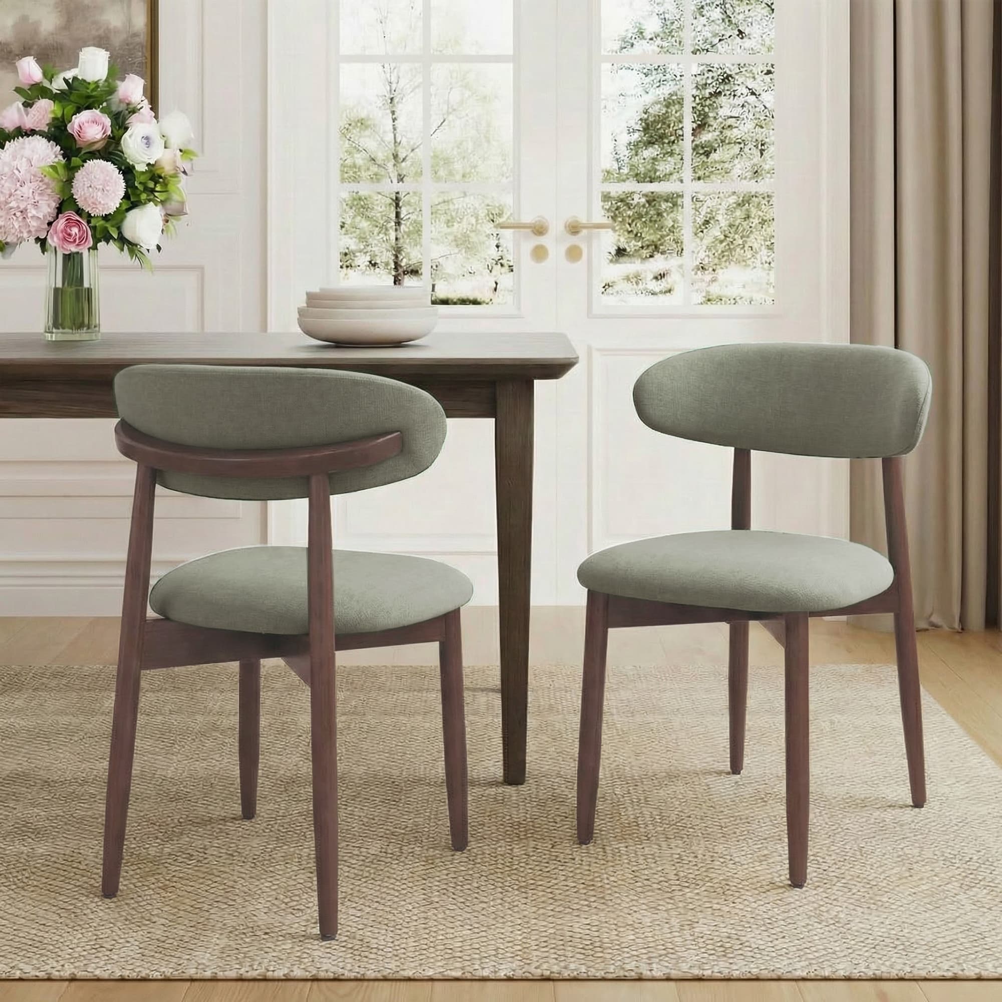RENEWLINE Linen Upholstered Solid Wood Curved Back Dining Chair