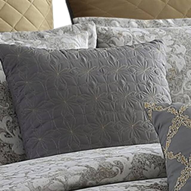 8 Piece Queen Polyester Comforter Set with Medallion Print, Gray and Gold